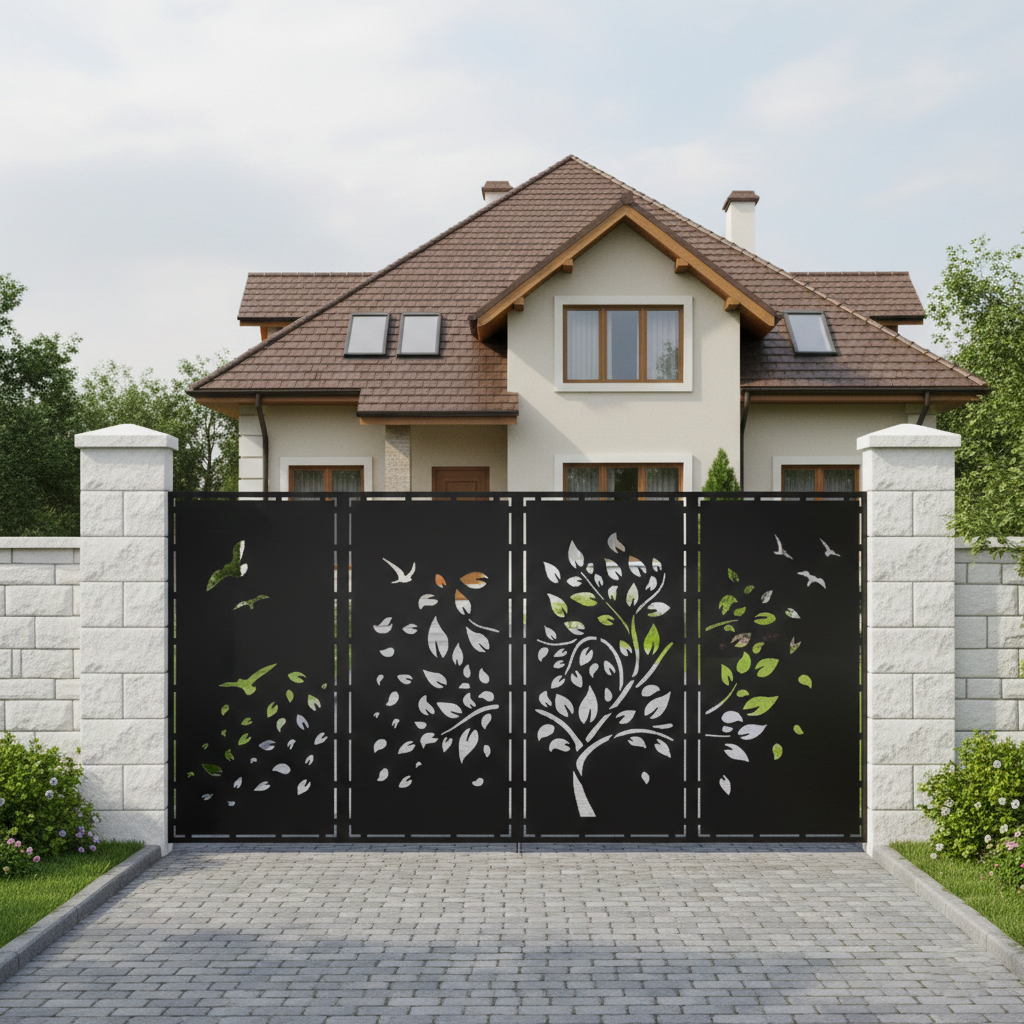 Poarta Metalica acces Auto debitata Laser cu Modele, Bloom